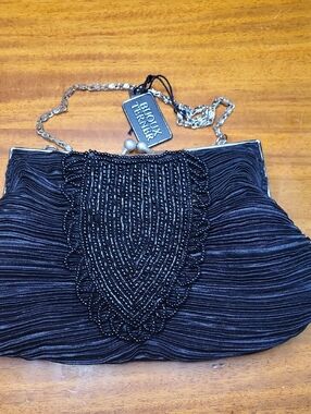 Bijoux Terner Black Beaded Evening Wristlet with Silver Chain
